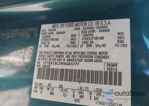 1998 Ford F-150 Lariat/Standard/Xl/Xlt z USA, uszkodzony, nr VIN 1FTRX18L2WKB65777